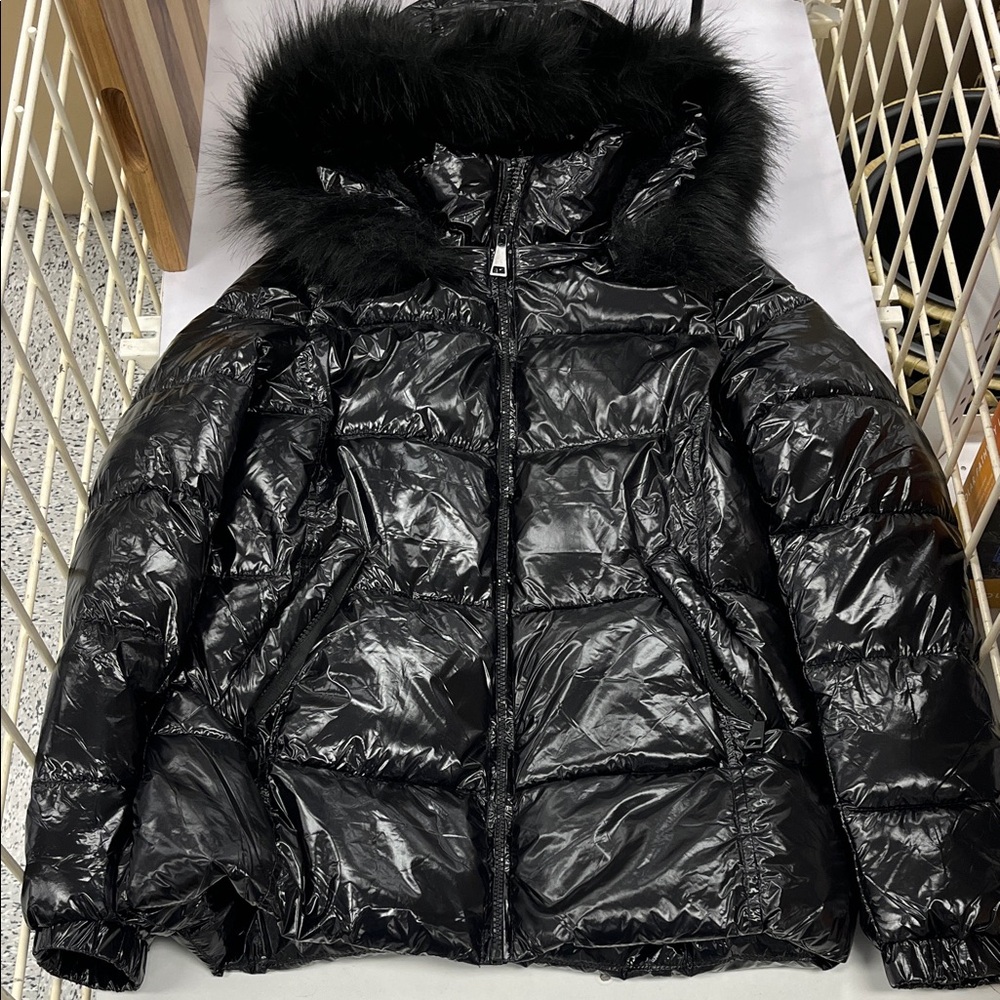 Women's Black Puffer Jacket with Faux Fur Hood